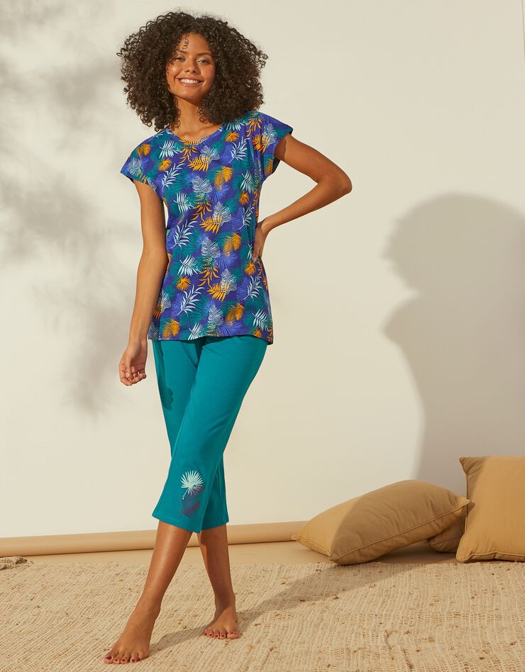 Tee-shirt de pyjama en coton manches courtes - imprimé tropical (bleu / safran)