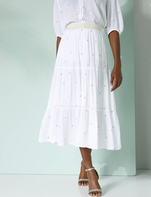 Jupe courte volantée imprimé doré, crépon (blanc / doré)