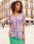 Chemisier boutonné manches blousantes imprimé, voile jacquard (corail)