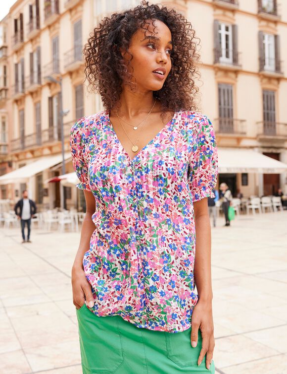 Chemisier boutonné manches blousantes imprimé, voile jacquard (corail)