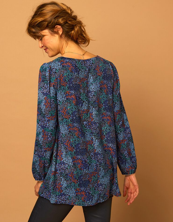 Blouse évasée détails dorés imprimé fleurs (marine / bleu) Blouse évasée détails dorés imprimé fleurs (marine / bleu)