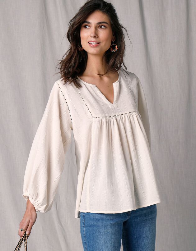 Blouse ample manches longues tissu dobby (écru)