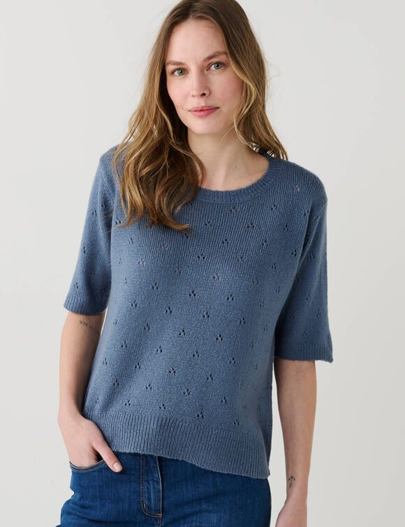 Pull manches courtes, maille pointelle toucher doux (bleu denim)