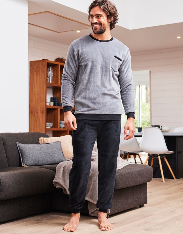 Pyjama bicolore maille polaire manches longues (gris)