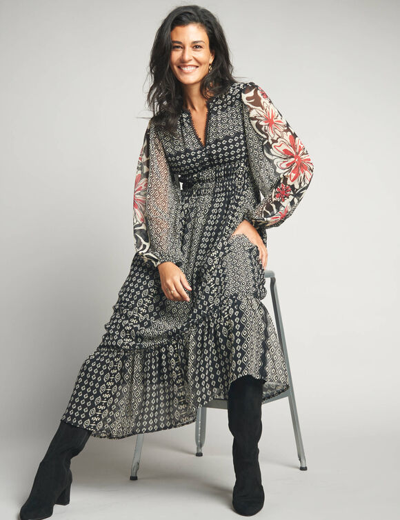 Robe longue en voile, imprim&eacute; ethnique (noir / beige)