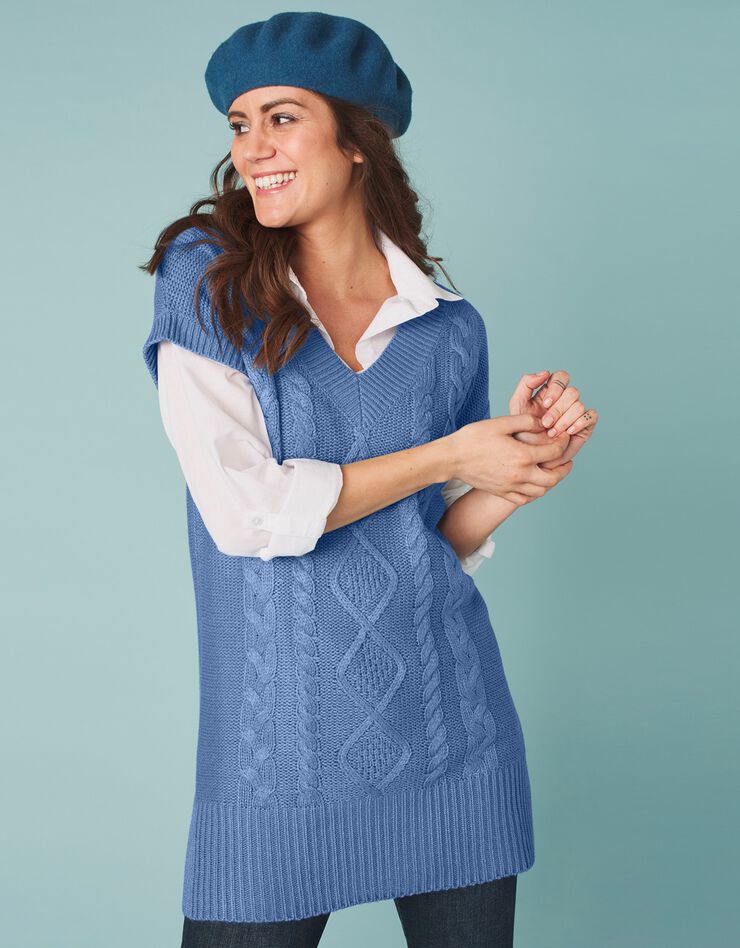 Pull tunique torsadé manches courtes, toucher cachemire (bleu grisé) Pull tunique torsadé manches courtes, toucher cachemire (bleu grisé)