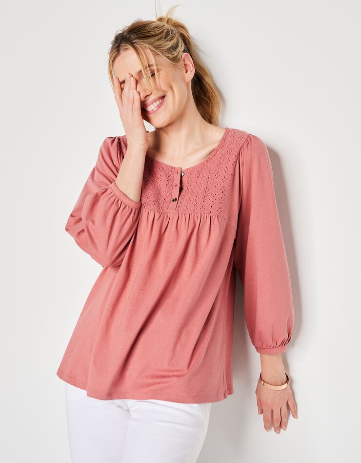 Tee-shirt manches 3/4, empiècement broderie anglaise (terracotta) Tee-shirt manches 3/4, empiècement broderie anglaise (terracotta)