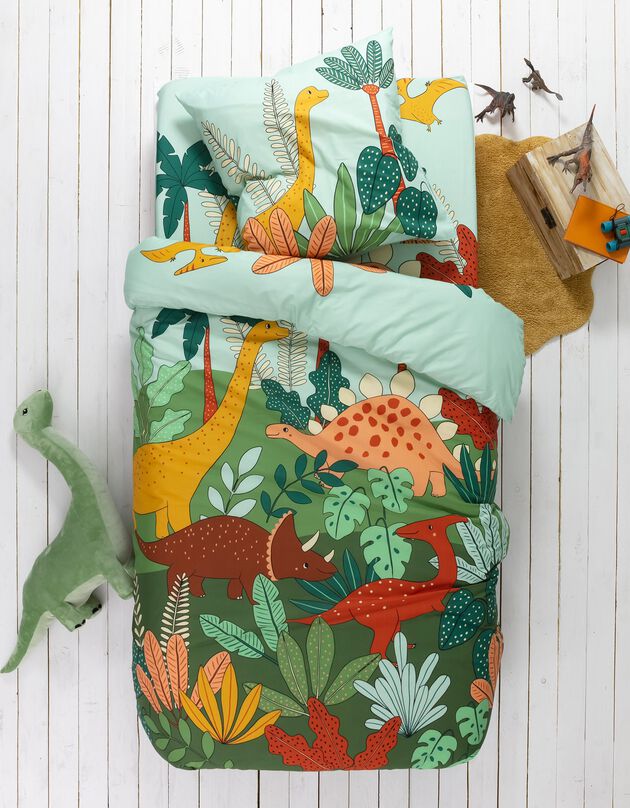 Linge de lit enfant Jurassi coton - Imprimé dinosaure  (vert)