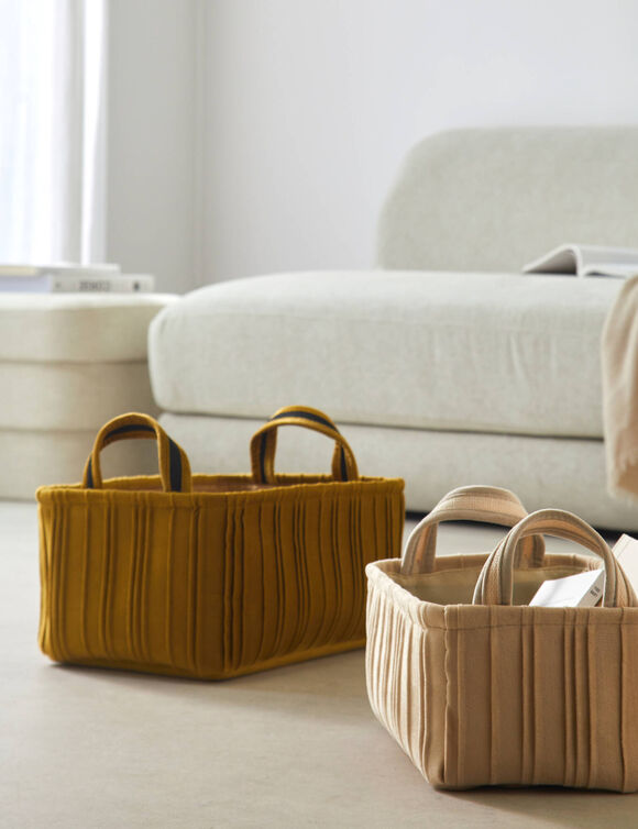 Paniers de rangement en velours plissé - lot de 2 (beige/ocre)