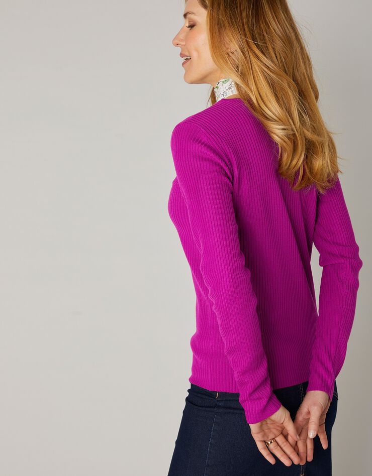 Pull col rond manches longues maille côtelée (rose fuchsia)