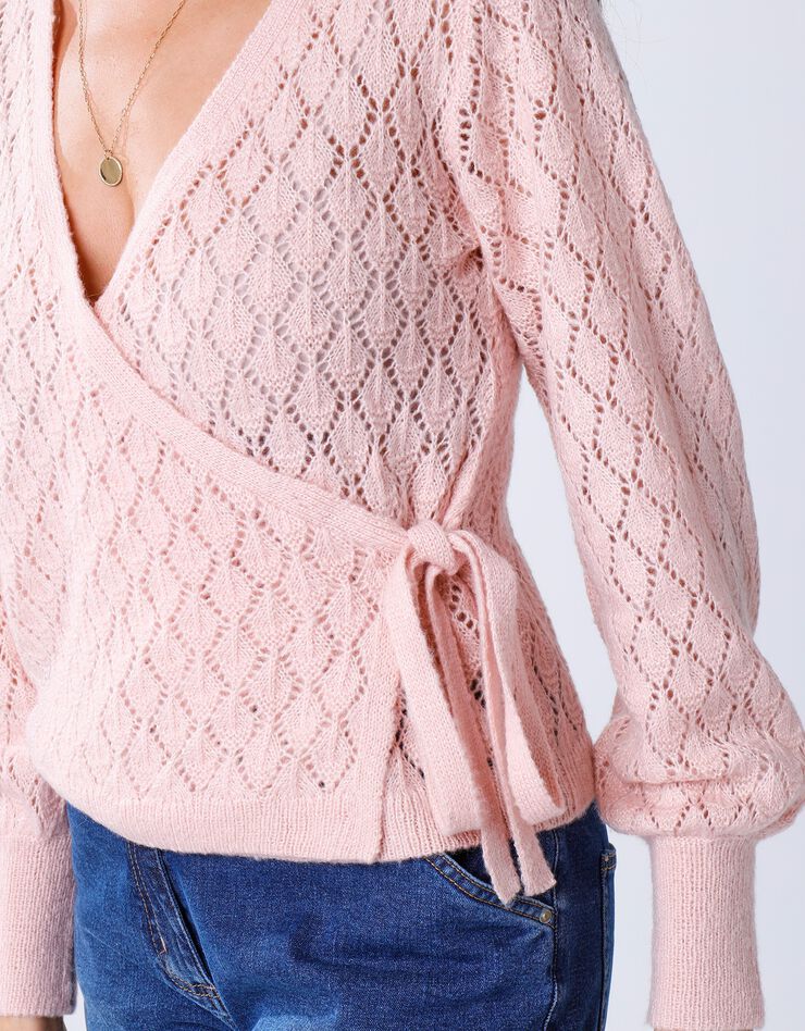 Gilet cache-coeur maille ajourée (rose pâle)
