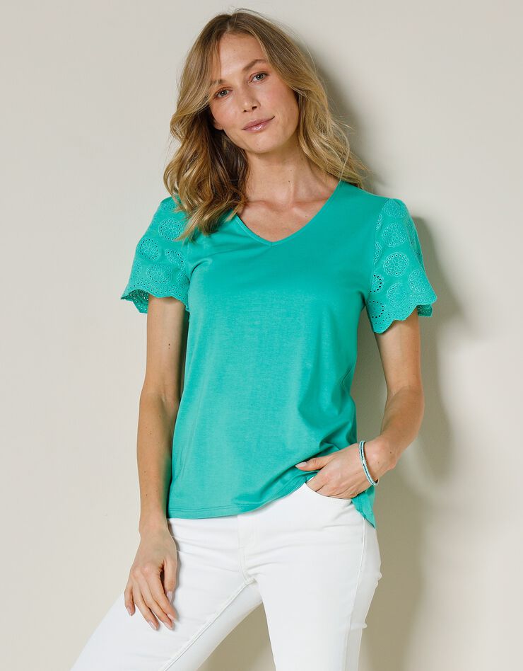 Tee-shirt col V, manches courtes broderie anglaise (menthe)