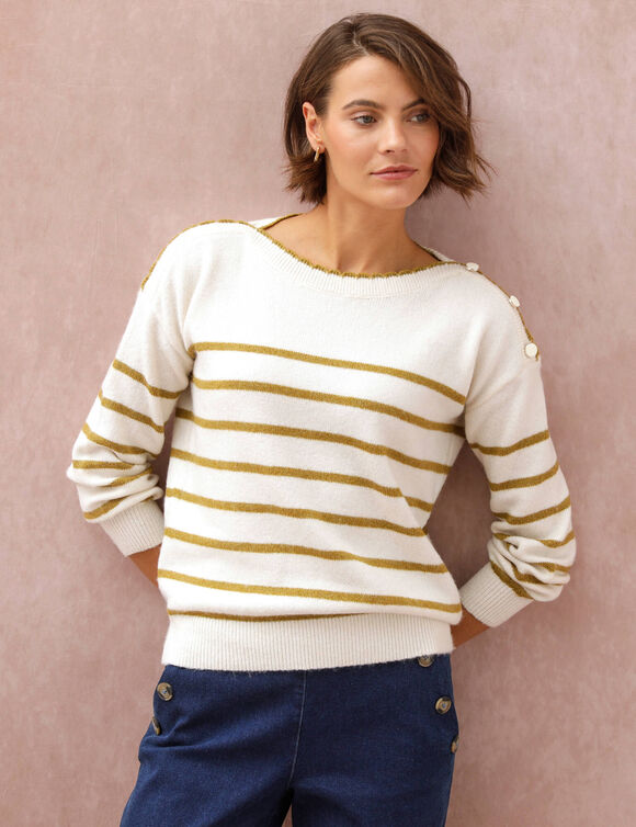 Pull col bateau ray&eacute; d&eacute;tails boutonn&eacute;s, maille moelleuse (&eacute;cru / vert)