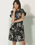 Robe courte boutonnée imprimé végétal, fluide (noir / écru)