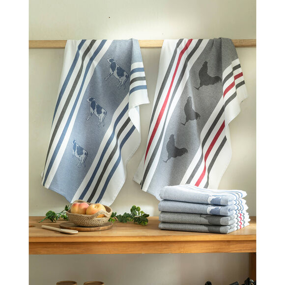 Torchons motif poule et vache - lot de 4 (bleu + gris)