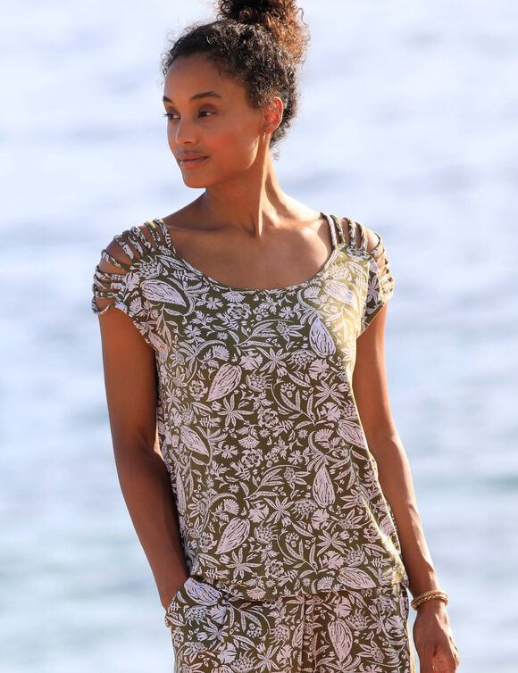T-shirt laçage épaules imprimé bicolore, maille (kaki / blanc)
