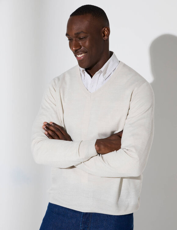 Pull col V 80% laine (gris clair chiné)