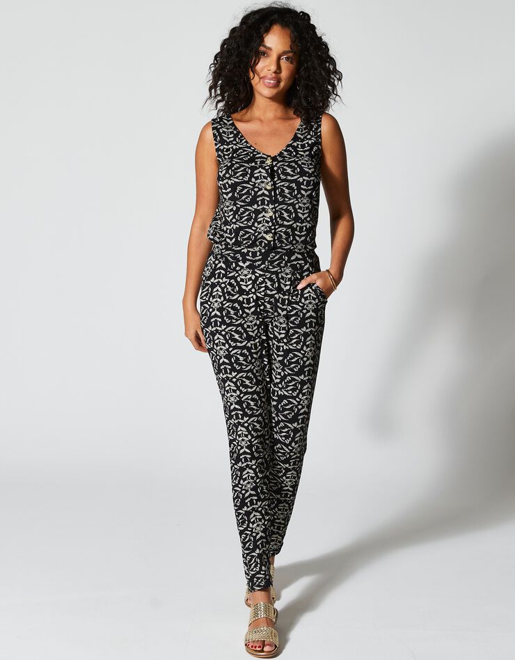 Pantalon fuselé taille élastiquée maille fluide imprimée (noir / écru)