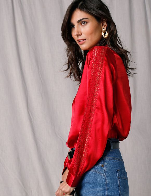 Blouse satin col volant&eacute; manches longues dentelle (&eacute;cru / noir)