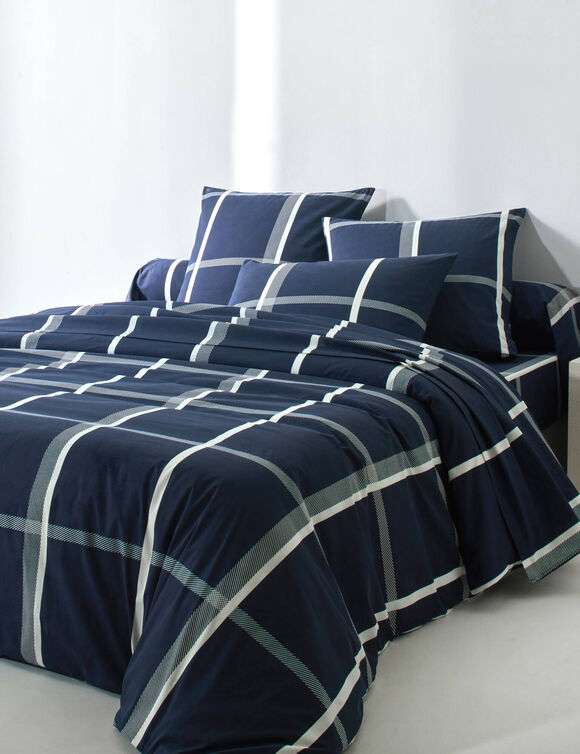 Linge de lit C&eacute;sar en coton imprim&eacute; carreaux (marine / &eacute;cru)