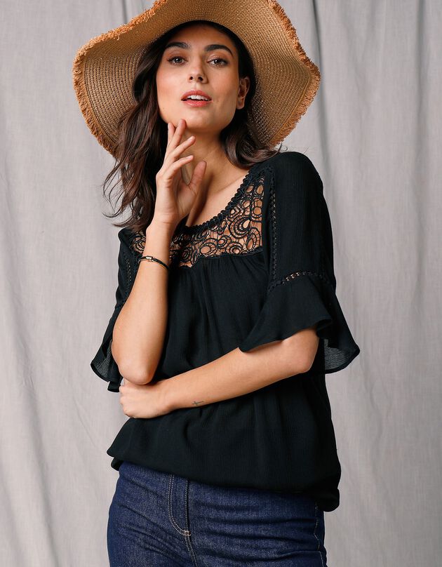 Blouse noire macramé manches 3/4 (noir) Blouse noire macramé manches 3/4 (noir)