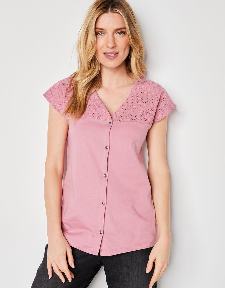 Tee-shirt boutonné, broderie anglaise (rose grisé) Tee-shirt boutonné, broderie anglaise (rose grisé)