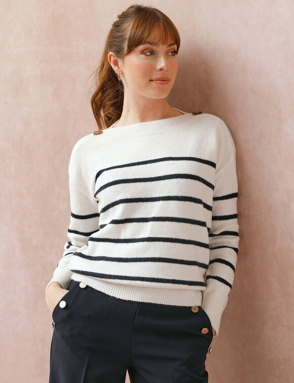 Pull col bateau rayé, épaules boutonnées (écru / marine)