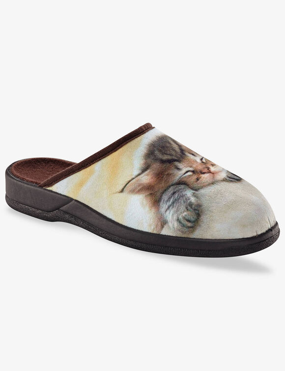 Mules impression photo chaton endormi  (beige / marron)