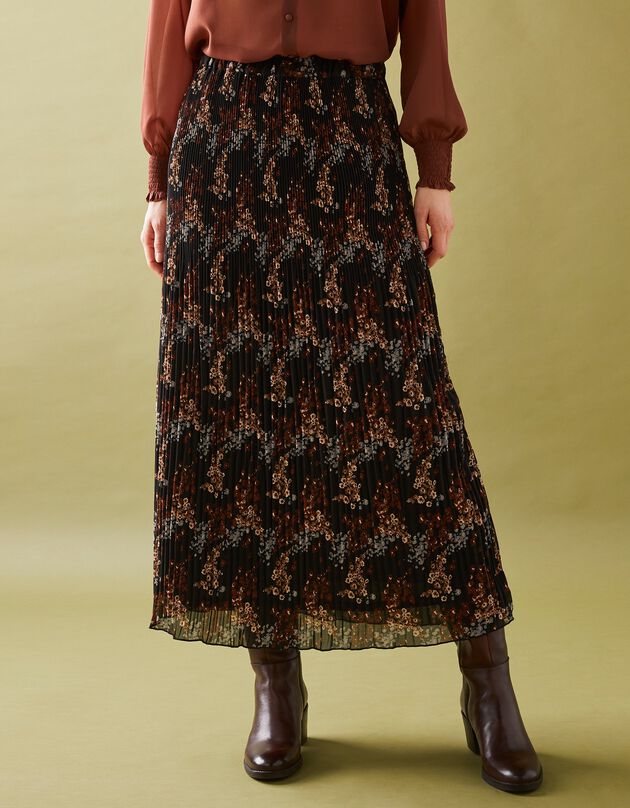 Jupe grande stature voile plissé imprimé fleuri, polyester recyclé(1) (noir / caramel)