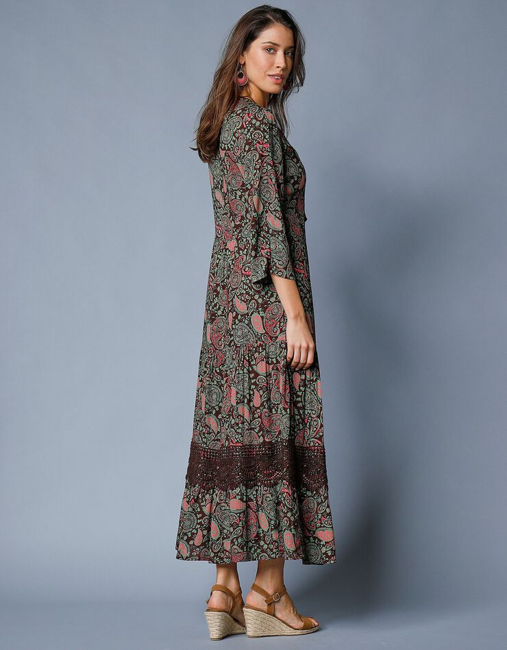 Robe longue imprimée manches 3/4 fendues (chocolat / vert)