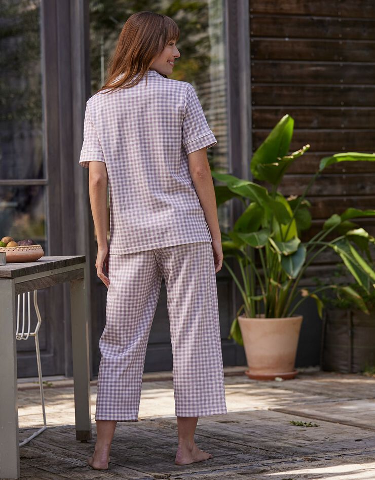 Pyjama pantalon court imprimé carreaux - col tailleur (parme)