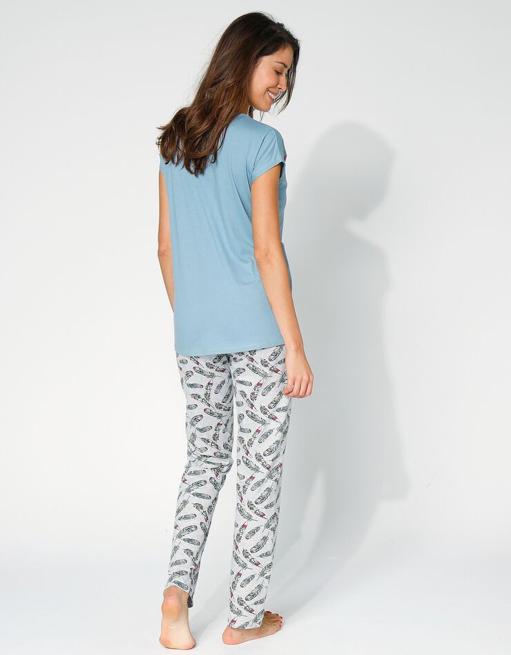 Pyjama coton imprimé "plumes" (bleu grisé / gris)