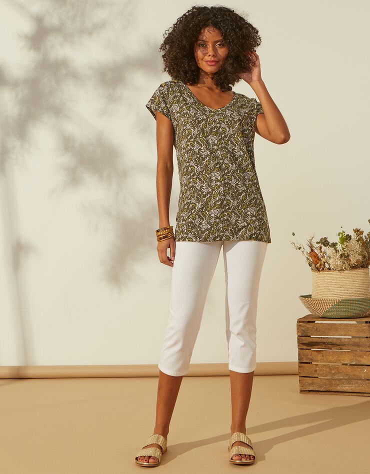Tee-shirt imprimé col V, manches courtes et boutons sur épaules (bronze) Tee-shirt imprimé col V, manches courtes et boutons sur épaules (bronze)