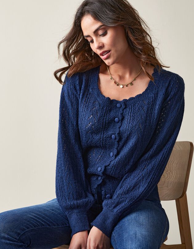 Cardigan boutonné col carré, maille ajourée toucher mohair (marine)