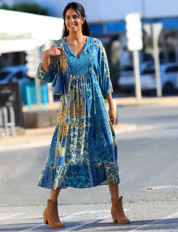 Robe longue imprimée, crépon (bleu / aqua)