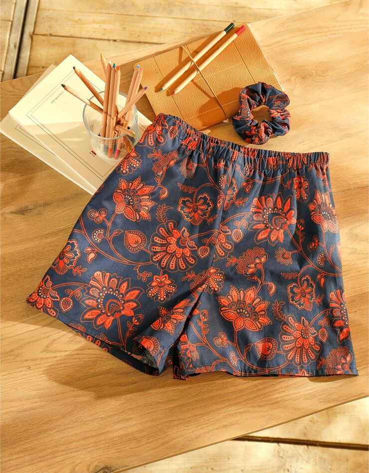 Caleçon imprimé + chouchou élastiqué assorti - collection upcycling (marine / corail)