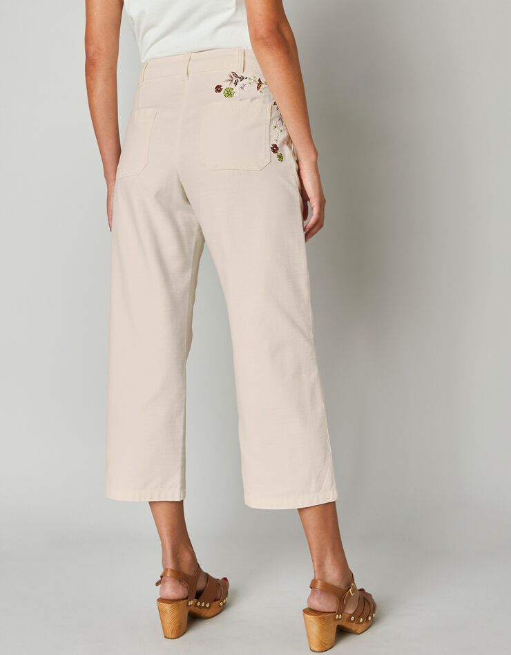 Pantalon raccourci large, broderie dos (sable) Pantalon raccourci large, broderie dos (sable)