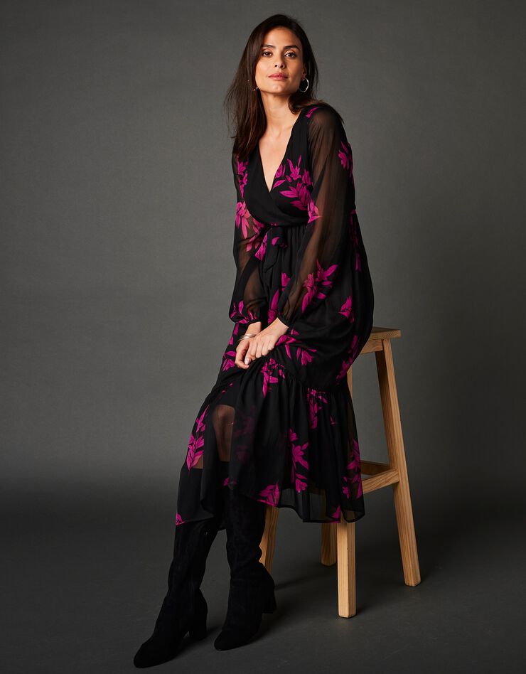 Robe longue voile imprimé fleurs (noir / violine)