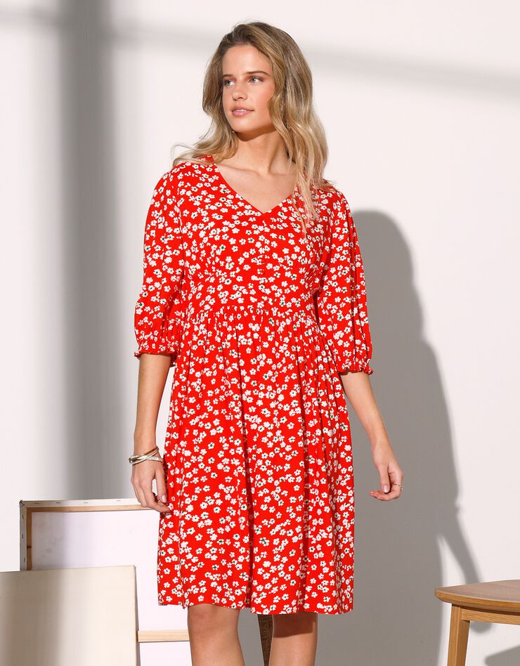 Robe fluide boutonné base évasée imprimé fleuri (rouge / écru)