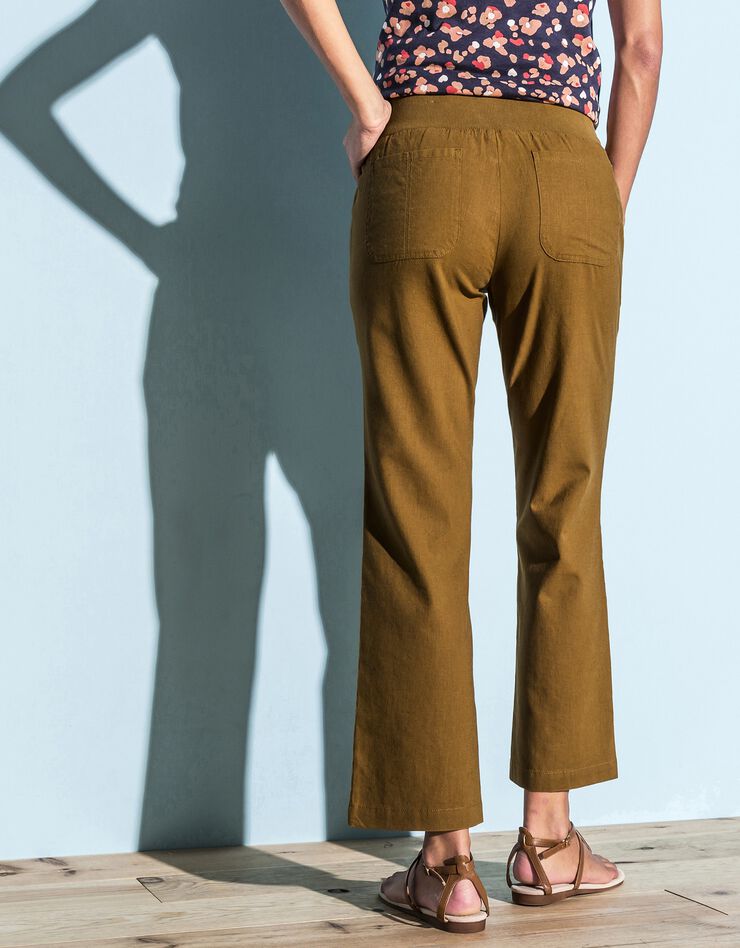 Pantalon coupe droite 7/8ème taille élastiquée, lin coton (havane) Pantalon coupe droite 7/8ème taille élastiquée, lin coton (havane)