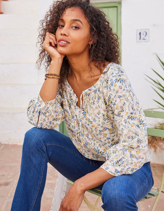 Blouse ample manches 7/8ème blousantes imprimée  (écru / bleu)