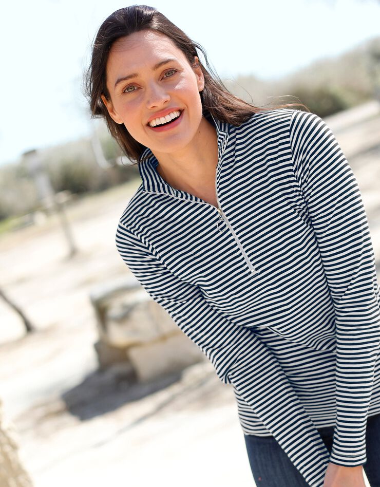 Tee-shirt col montant zippé rayé (marine / blanc)