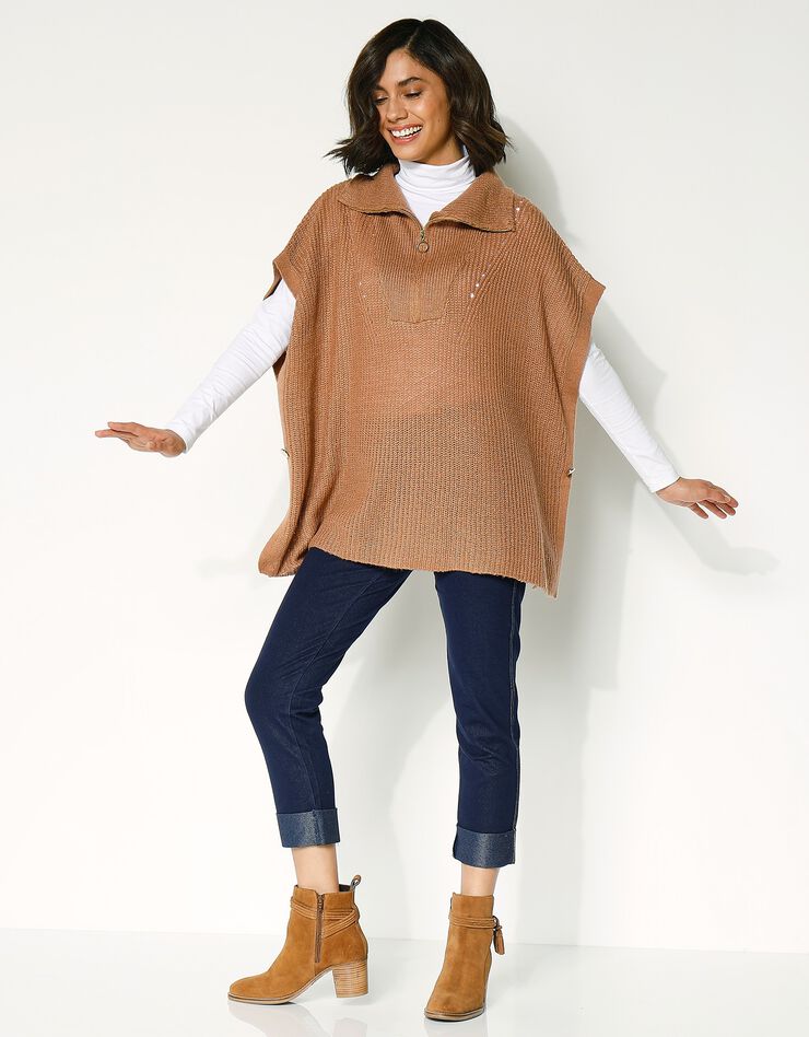 Pull poncho zippé manches courtes (noisette) Pull poncho zippé manches courtes (noisette)