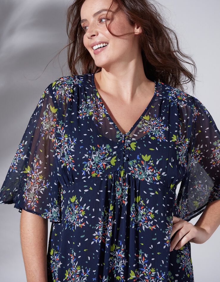 Robe longue en voile imprimé fleuri col V  (marine / anis)
