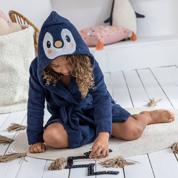 Peignoir de bain enfant Pingouin &agrave; capuche (bleu)