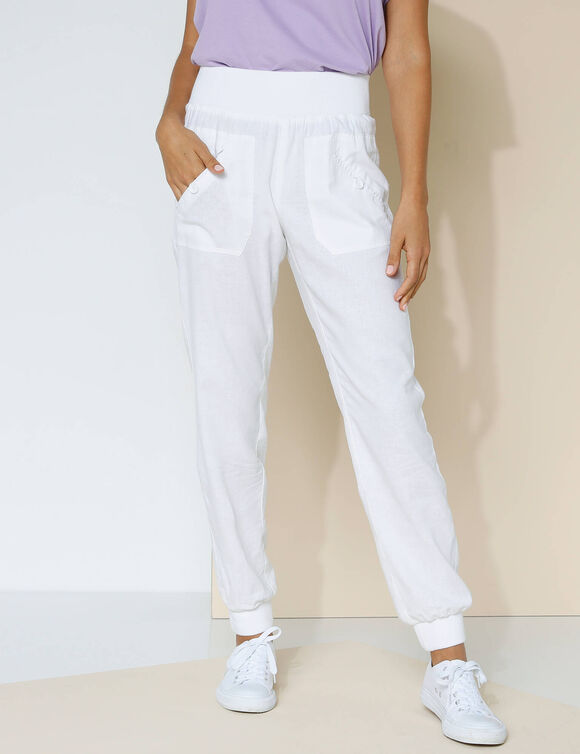 Pantalon blousant taille élastiquée, lin coton (blanc)
