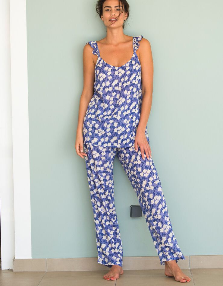 Pyjama pantalon léger en viscose créponnée imprimé fleuri (bleu)