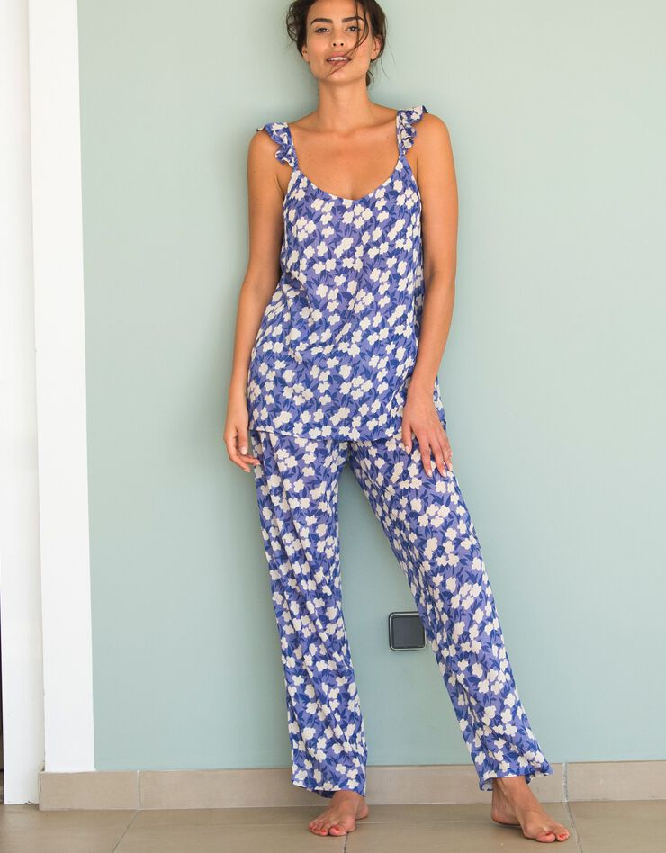 Pyjama pantalon léger en viscose créponnée imprimé fleuri (bleu) Pyjama pantalon léger en viscose créponnée imprimé fleuri (bleu)