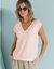 T-shirt col V uni, mélange coton-lin (rose poudré)