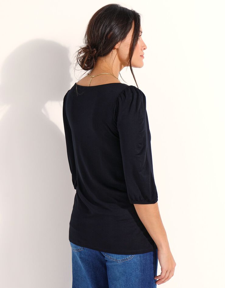 Tee-shirt uni manches coude, fronces épaules (noir) Tee-shirt uni manches coude, fronces épaules (noir)